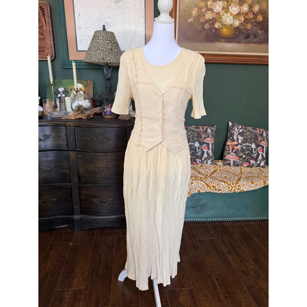 Miss Dorby 90s Vintage Yellow Crinkle Lace Trim Faux Vest Maxi Dress Tie Back